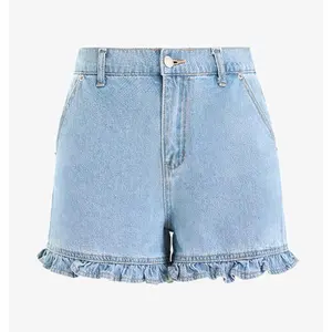 Womens Summer Ruffle Denim Shorts Cute High Waisted Cotton Short Jeans with Pockets