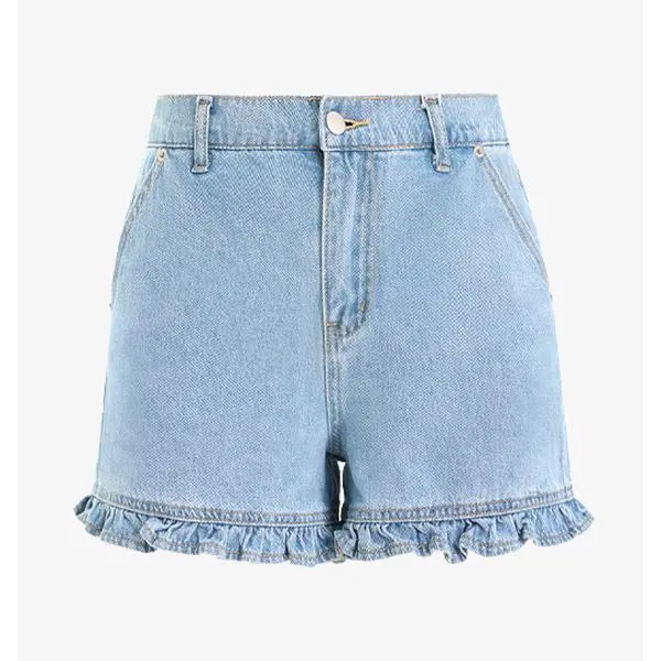 Women's High Waist Ruffle Shorts, Casual Lightweight Cotton Denim Bottoms with Side Pockets for a Summer Party, Fashion, Comfortable Fabric, Denim Jorts, Jean Shorts For Women, Above Knee, Lady, Basic, Fitted, Summer‑Ready Fit