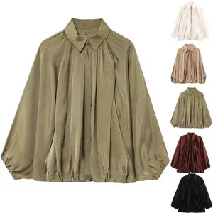 Women’s Fall Puff Bomber Jackets, Casual Batwing Sleeve Lapel Collar Zip Oversized Pleated Shirts/Coats, Streetwear