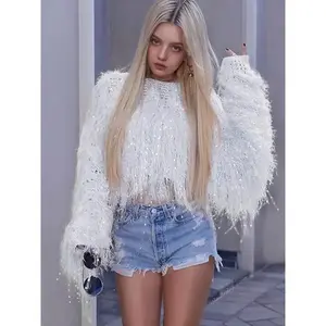 Women's Pink Tassel Trim Drop Shoulder Crop Sweater, Chic Fashion Casual Long Sleeve Boat Neck Jumper for Fall & Winter, Knitwear for Daily Wear Tops stylish hollow loose knit trendy open front mid-length versatile pullover lace curve woman fit knitwear