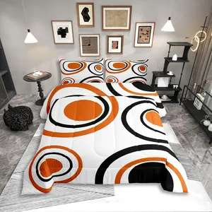 Orange Abstract Bedding Set,for Adult Women Men Modern Geometric Circles Comforter Set,Boho Art Aesthetic Striped Quilt Duvet Set,Minimalist Black White Abstract Bedding Collections