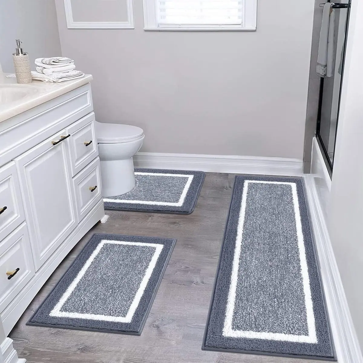 Bathroom Rugs 3 Piece Set, Non Slip Washable Bath Mat, Dark Grey |   Soft Plush Microfiber, Super Absorbent Floor Carpet, U Shaped Toilet Mats, Quick Dry, Shaggy Shower Rugs Runners