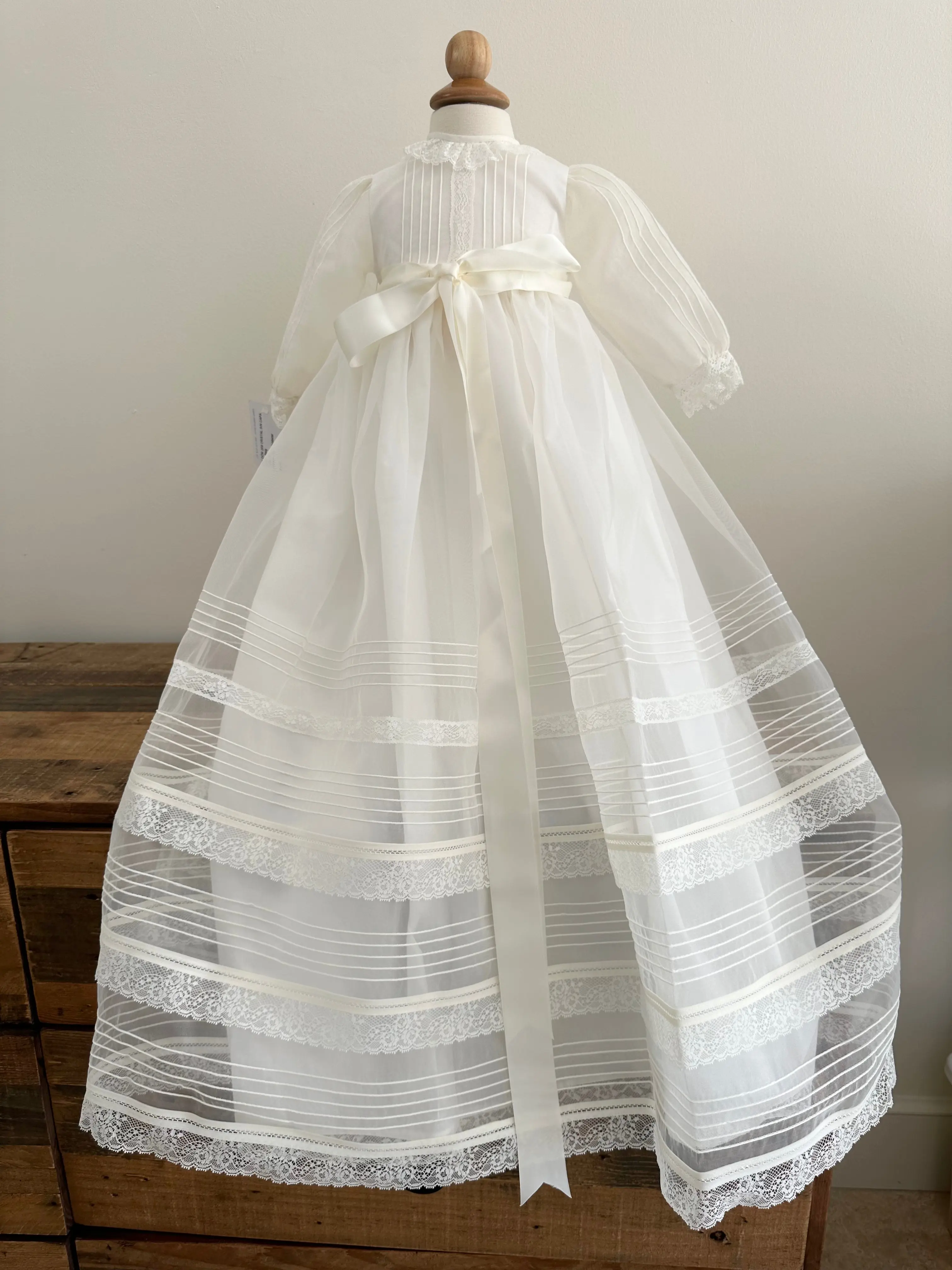 Ivory Christening Gown for Baby Girl, Plumetti Crystal & Lace Dress with Satin Sash, Matching Bonnet - Long Sleeves, True to Size 12m, True Size, Adjustable Sash, Formal Wear