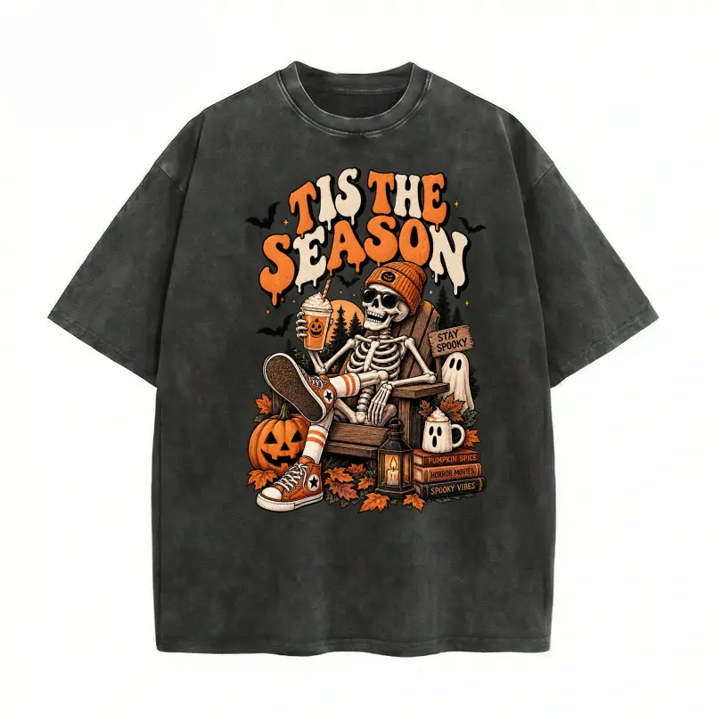 Vintage Acid Wash T-Shirt, Halloween Skeleton Pumpkin Graphic Tee, Oversized Unisex Spooky Season Aesthetic Clothes for Fall and Party Wear