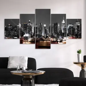 5 Counts Unframed Canvas Poster, Night Cityscape Skyline Poster, Exquisite Poster, Perfect Living Room Decoration, Modern Art, Fashion Family Poster, Wall Art Decoration, Home Decor Accessory, Indoor Decoration, Odorless, Waterproof, Artwork