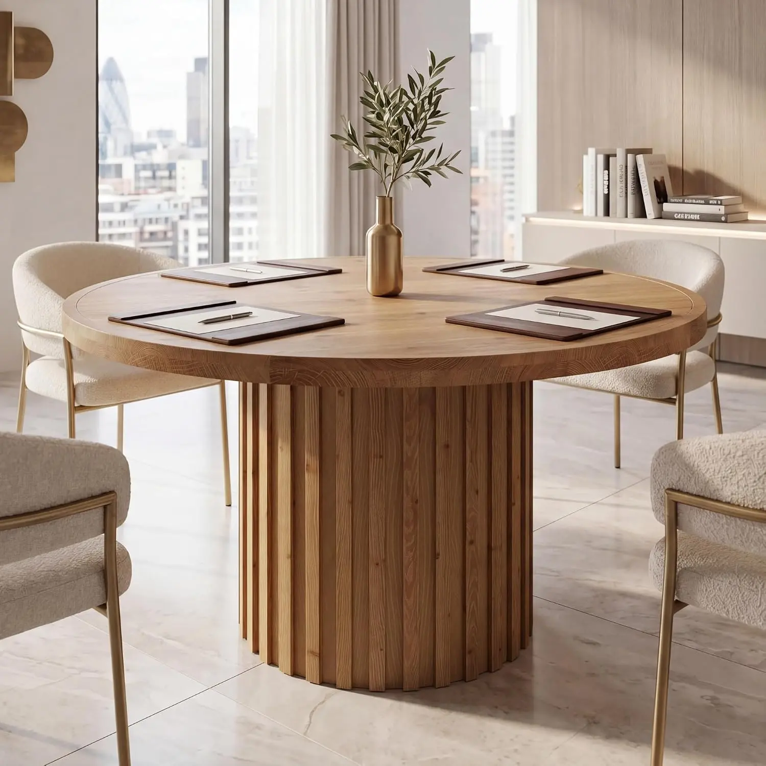 Tribesigns 47" Round Conference Table for 4-6, Solid Wood Office Table | 1.97" Thick Tabletop, Sturdy Fluted Pedestal Base, Farmhouse Training Desk for Home Office, Living Room, Natural Brown