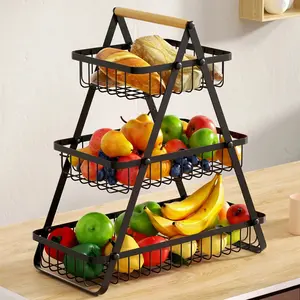 San Dream 3-Tier Fruit Baskets Rack Countertop Fruits Vegetables Basket Detachable Kitchen Metal Storage Holder Wooden Handle Bread Snack Organizer Adjustable Storage Rack