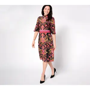 Susan Graver Petite Printed Liquid Knit Mock Neck Midi Dress
