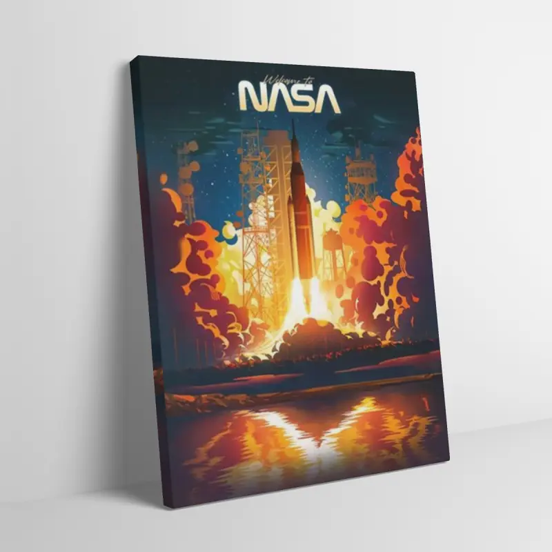Wooden Framed Canvas Painting, NASA Rocket Launch Wall Art, Mid-century Modern Black Flash Style, Retro Space Shuttle Poster, Adult Fans Room Decor, Vintage Space Exploration Artwork Ready to Hang