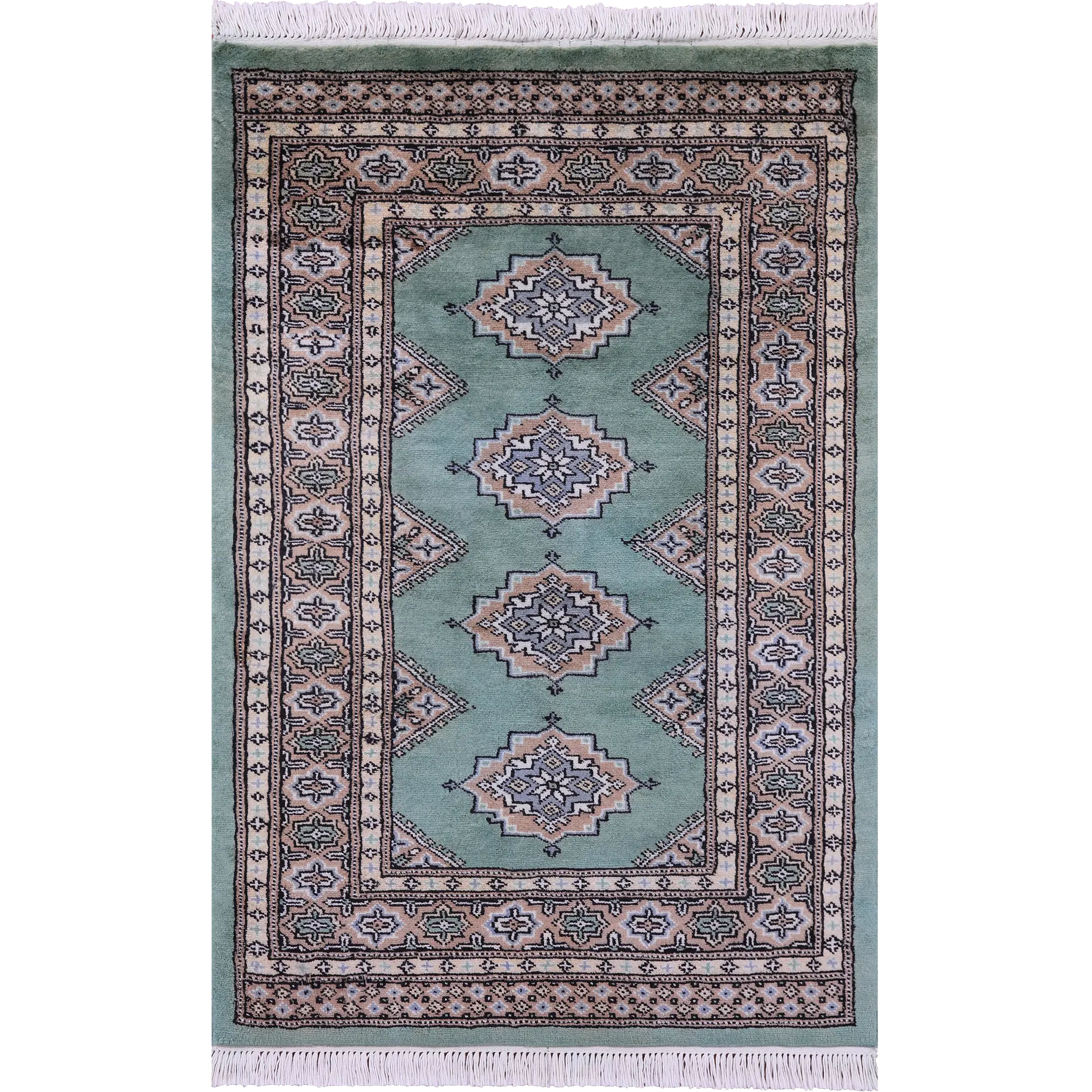 Green Bokhara Handmade Wool Rug - 2' 8" X 3' 10"