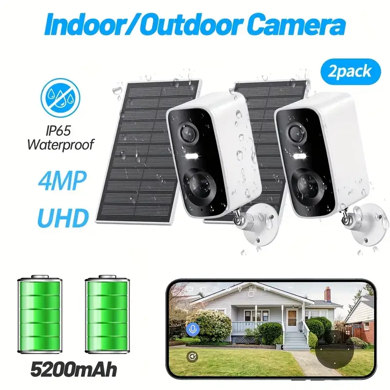 Solar Security Camera Wireless Outdoor/Indoor, Battery Rechargeable Waterproof Continuous Power, Color Night Vision, SD Card/Cloud Storage