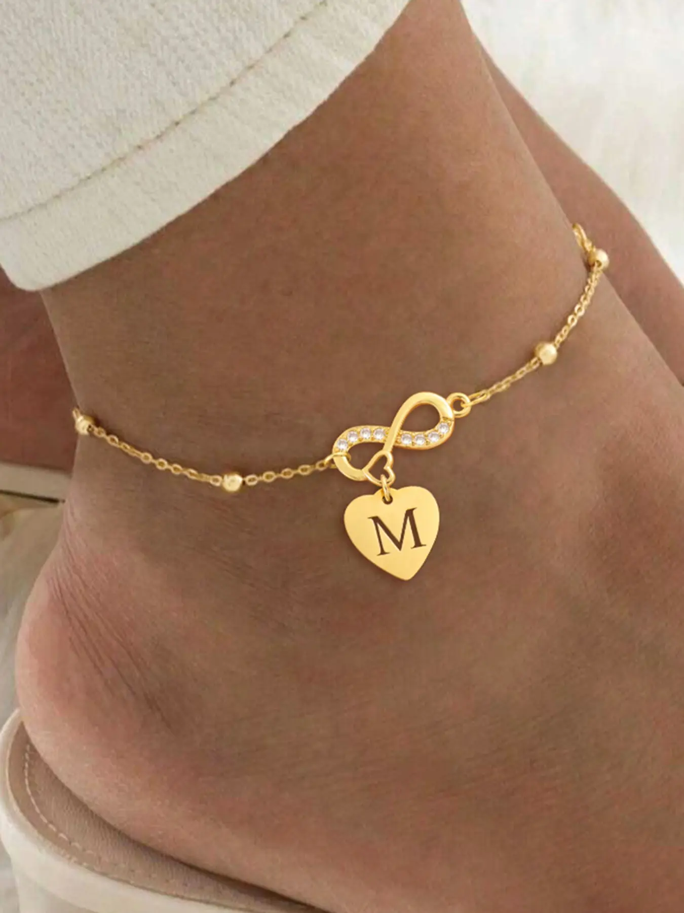 Women's Heart Love Hollow Initial Infinity Symbol Pendant Anklet, Fashion Stainless Steel Beaded Chain Ankle Bracelet, Elegant Accessory, Fashionable Accessory, Fashion Jewelry, Fashion Accessories