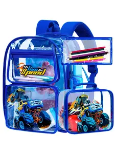 3PCS Kids Clear Backpack, Boys Transparent Bookbag Heavy Duty, Blue Truck See Through School Bag for Elementary Preschool