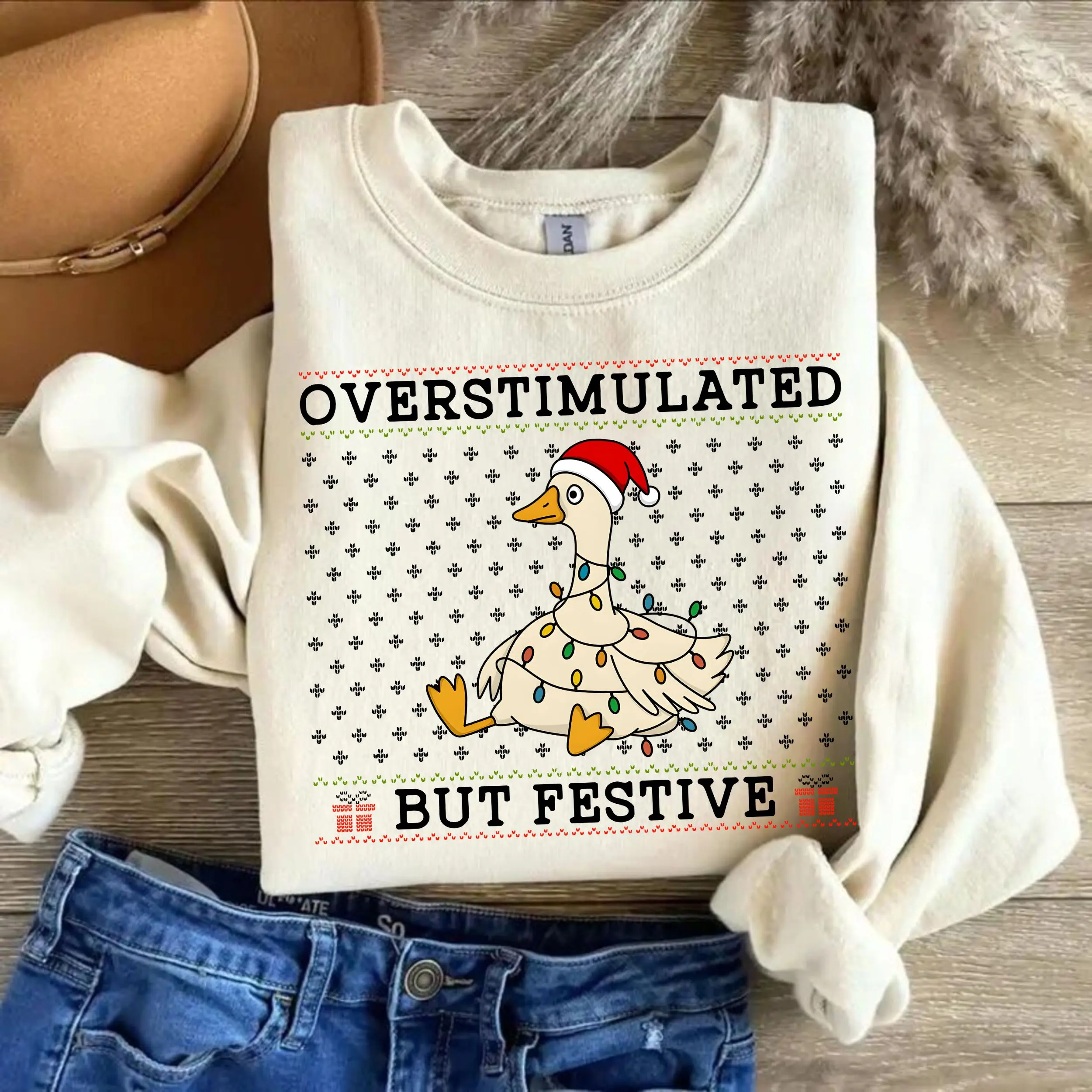 Gildan Overstimulated But Festive Goose Sweatshirt, Funny Christmas Holiday Sweatshirt, Neurodivergent Christmas Sweatshirt, Anxiety Humor Gift Gift for Women