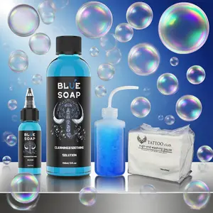 Essentials, 1.01 oz/5.07 oz blue soap tattoo cleaning solution, comes with a squeeze bottle/wipes, a concentrated detergent designed for tattoo artists and ear piercers, suitable for use before and after tattoo preparation