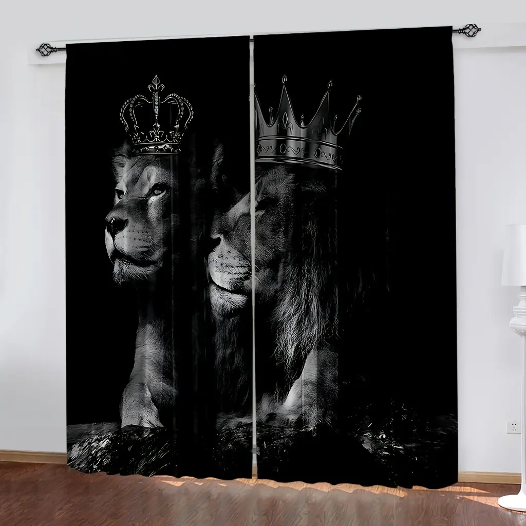 2pcs Animal Print Polyester Curtains - King & Queen Lion Print, 2m Soft Texture African Safari Wildlife Decor Black Window Treatments for Bedroom, Living Room Versatile Home Room Decor Drapes