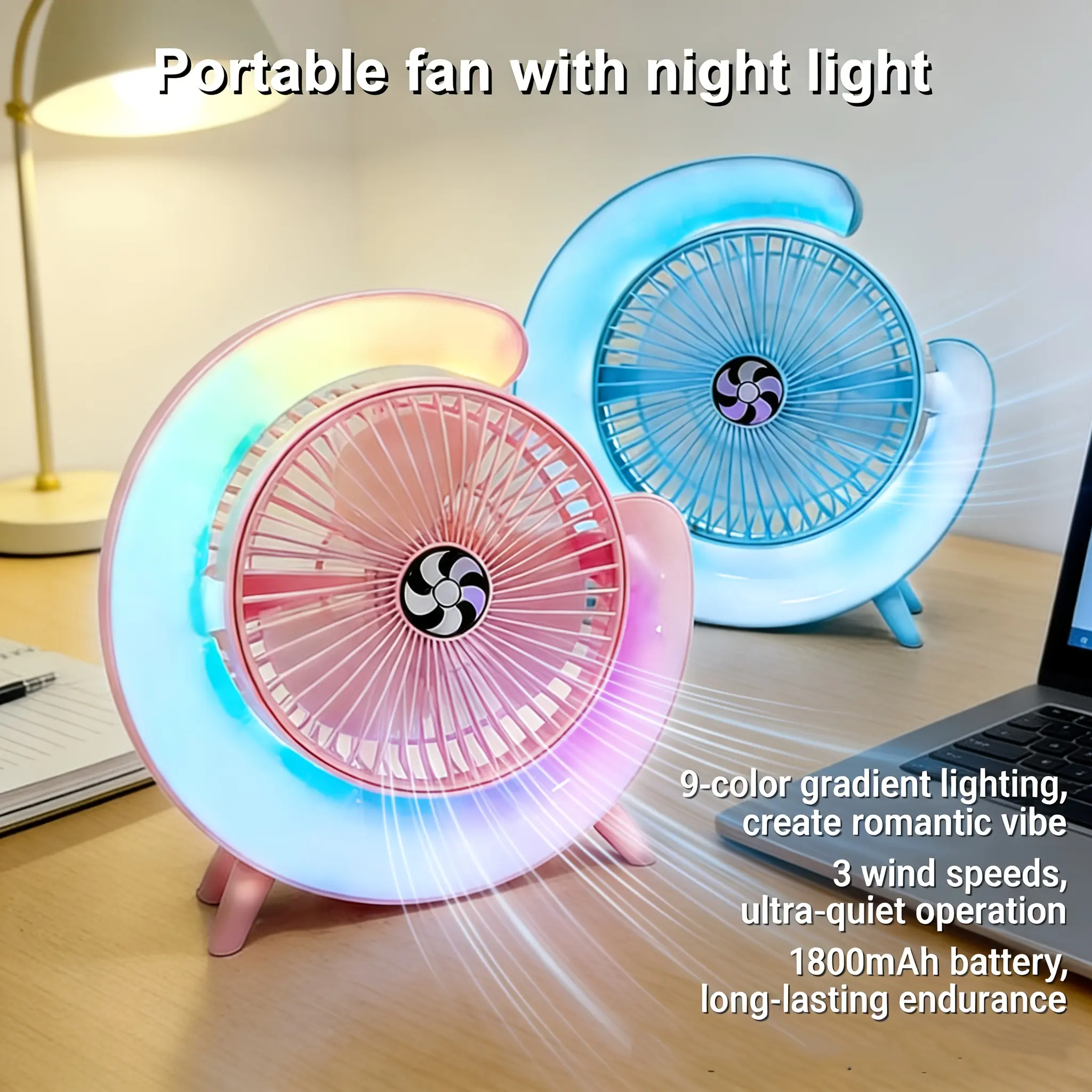 LED Colorful Light Desktop Fan, 3 Wind Speeds, 1800Mah Rechargeable, 9 Lighting Modes, Quiet, Portable, PP Material, Blue/Green/Pink, for Dorm, Office, Bedroom, Desk, Summer Cooling & Aesthetic Decor