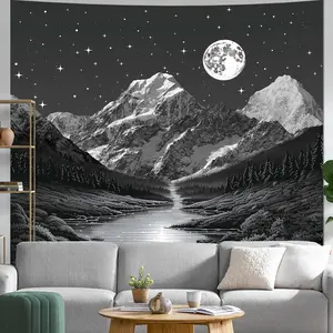 Black and White Mountain Tapestry for Bedroom Aesthetic, Large Moon Forest Wall Tapestries for Men, Cool Winter Snow Starry Sky Night Backdrop for Living Room Dorm Office Home Decor 60in X 79in