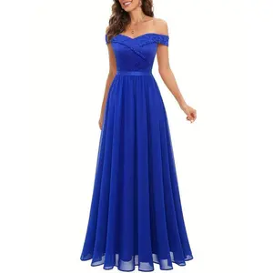 Elegant Wine Red Off-Shoulder Lace Chiffon Bridesmaid Dress - Sleeveless A-Line Evening Gown, Pleated Details, Hand Wash/Dry Clean, Nylon and Spandex Blend Fabric Womenswear Collar Printed Blue Chic Solid Woven Comfort Basic Minimalist