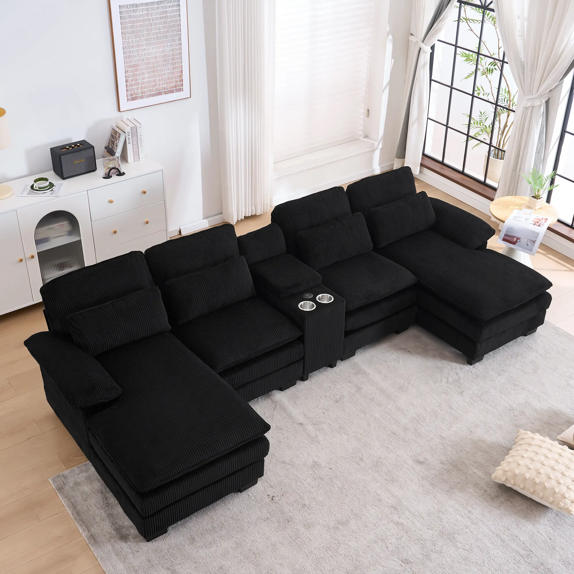 124.4" Corduroy Upholstered Modular L-Shaped Sectional Sofa, Oversized Corner Couch with Cup Holders for Living Room, Apartment