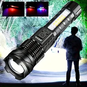 Super Bright Zoomable LED Flashlight - 200m Long Range, USB-C Rechargeable, 6 Light Modes with Red & Blue Emergency Strobe, High Performance for Camping, Hiking, Emergencies