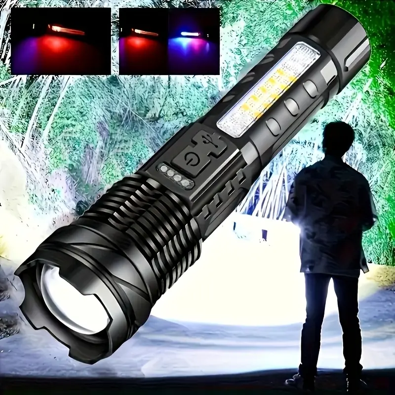 Super Bright Zoomable LED Flashlight - 200m Long Range, USB-C Rechargeable, 6 Light Modes with Red & Blue Emergency Strobe, High Performance for Camping, Hiking, Emergencies