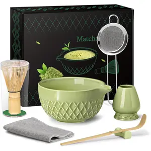 7 Pcs Matcha Whisk Set Ceramic Matcha Kit Includes Matcha Bowl with Spout, Whisk Holder, Bamboo Scoop, Scoop Rest, Sifter and Tea Towel (Matcha Green)