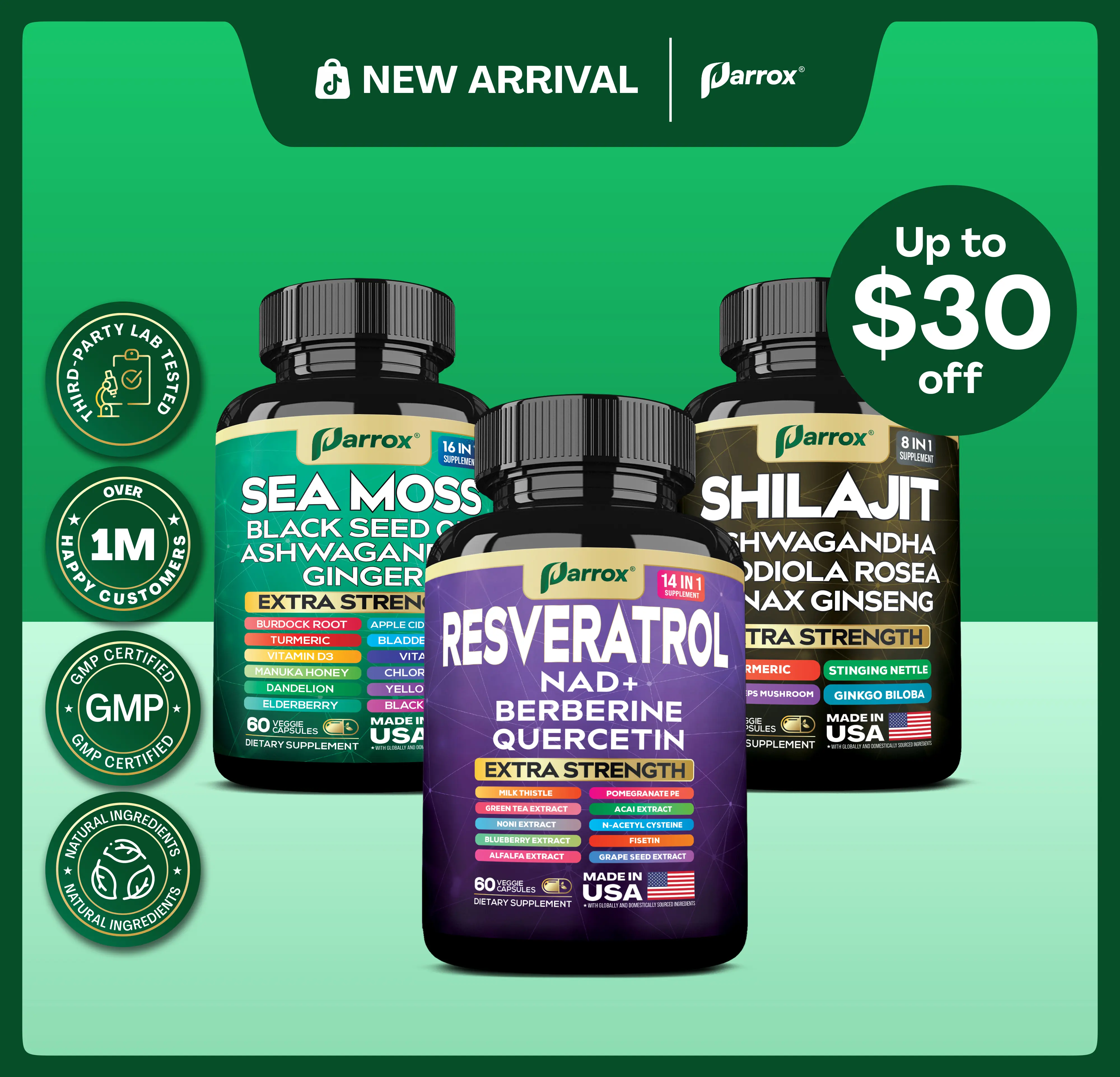 PARROX Prime Health Trio - Sea Moss, Shilajit, & Resveratrol All-in-One Supplement with Extra Strength Ingredients - MADE IN USA