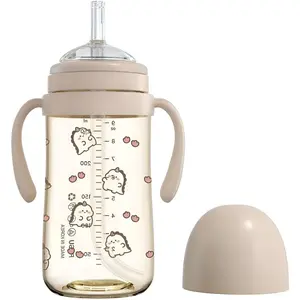 No-spill, Backflow prevention Sippy Cup with Straw, PPSU Learner Cup with Handle for Baby and Toddlers, BPA free, 9.47oz (Daino_Choco)