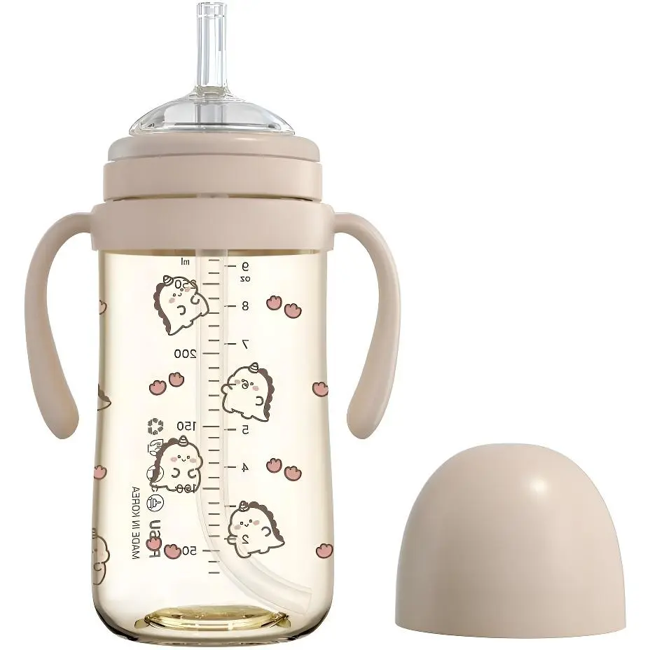 PPSU Toddler Sippy Cup with Straw & Handle, Leakproof No-Spill Backflow Prevention BPA-Free Drinkware, 9.47oz (Daino_Choco), Toddler Sippy Cups, Leakproof Sippy Cup