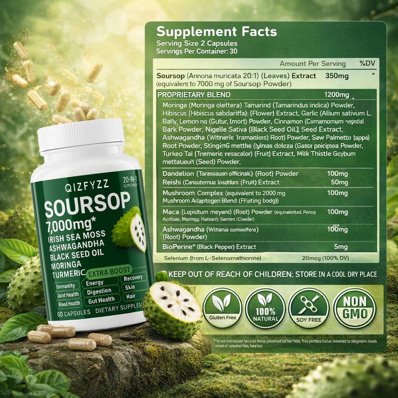 QIZFYZZ 10-in-1 Soursop Bitterness Drops & 20-in-1 Seaweed Capsules Moringa Turmeric Black Seed Ashwagandha Vegan Non-GMO Super Blend