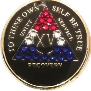 Black Sobriety Medallion, Chip, Token, Coin With Red, White & Blue Crystals