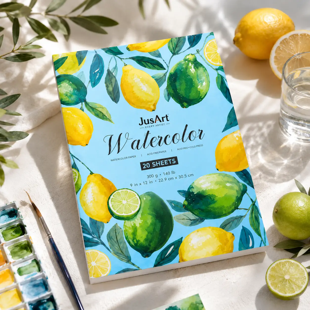 Jusart Cold Press Watercolor Paper Pad, 9"x12", 300gsm/140lb, Acid-Free, 20 Sheets, for Wet-Dry Media, Gouache & Sketching, Ideal for Students & Artists