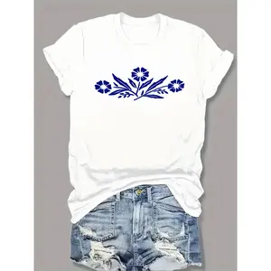 Womens Cotton Short Sleeve Graphic Tee White Floral Print Casual Summer Top Cute Boho Flower Shirt Soft Breathable Everyday Outfit For Work Travel Weekend