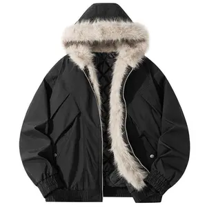 Fleece-lined fur collar jacket for men and women, autumn and winter new retro American style with fleece-lined hood, loose fit hooded parka cotton jacket, suitable for winter wear. Menswear Coats jackets