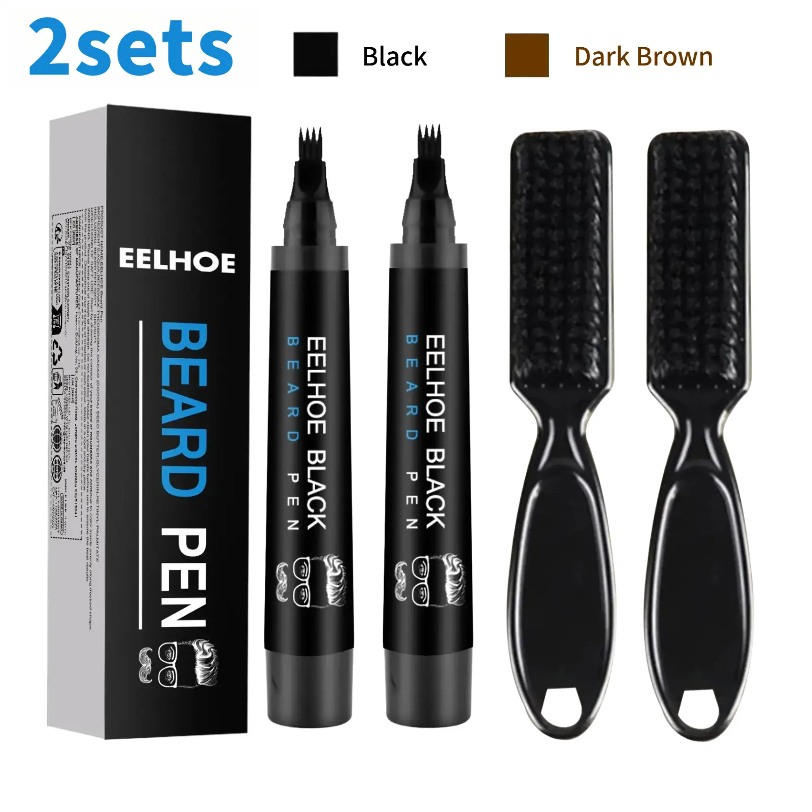 2-Sets Black or Dark Brown,Beard Grooming Kit with Filler Pen, Waterproof Palm Wax Formula for Men, Defines Beard, Eyebrows & Scalp for a Natural Finish, Beard Care Accessories, 32G