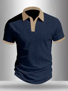 Men's Textured Jacquard Knit Polo Shirt, Casual Business Slim Fit Short Sleeve Top, Contrast Trim V-Neck Polo Tee #TexturedPolo #BusinessCasualTop #JacquardPatternShirt #SlimFitPolo #TikTokMadeMeBuyIt