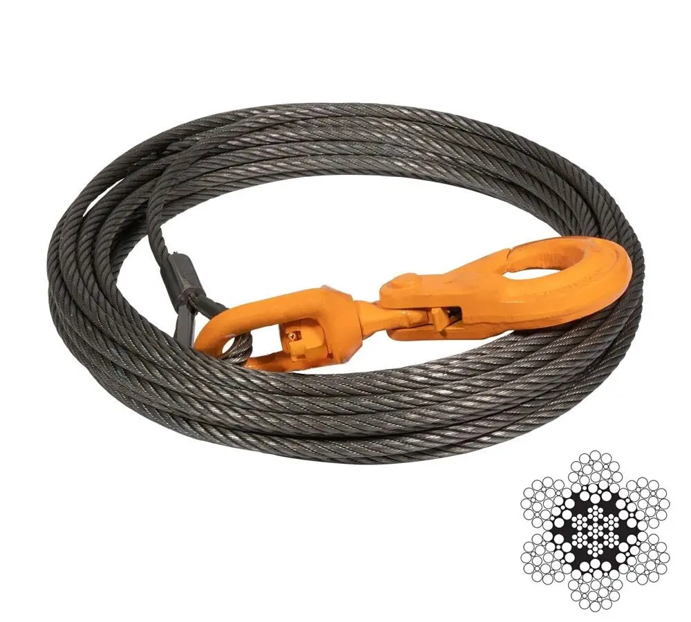 Wire Rope Steel Core Winch Cable 3/8" x 100' Self-Locking Swivel Hook Towing Wrecker Roll Back, 14,400 lbs Breaking Strength