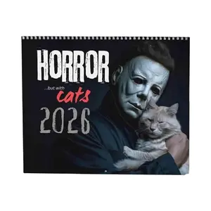 2026 Horror Cat Calendar, Cute Artistic Design Doodle Typography Calendar, Halloween & Movie Theme, Monthly Planner with Large Date Grids, Holiday Markers