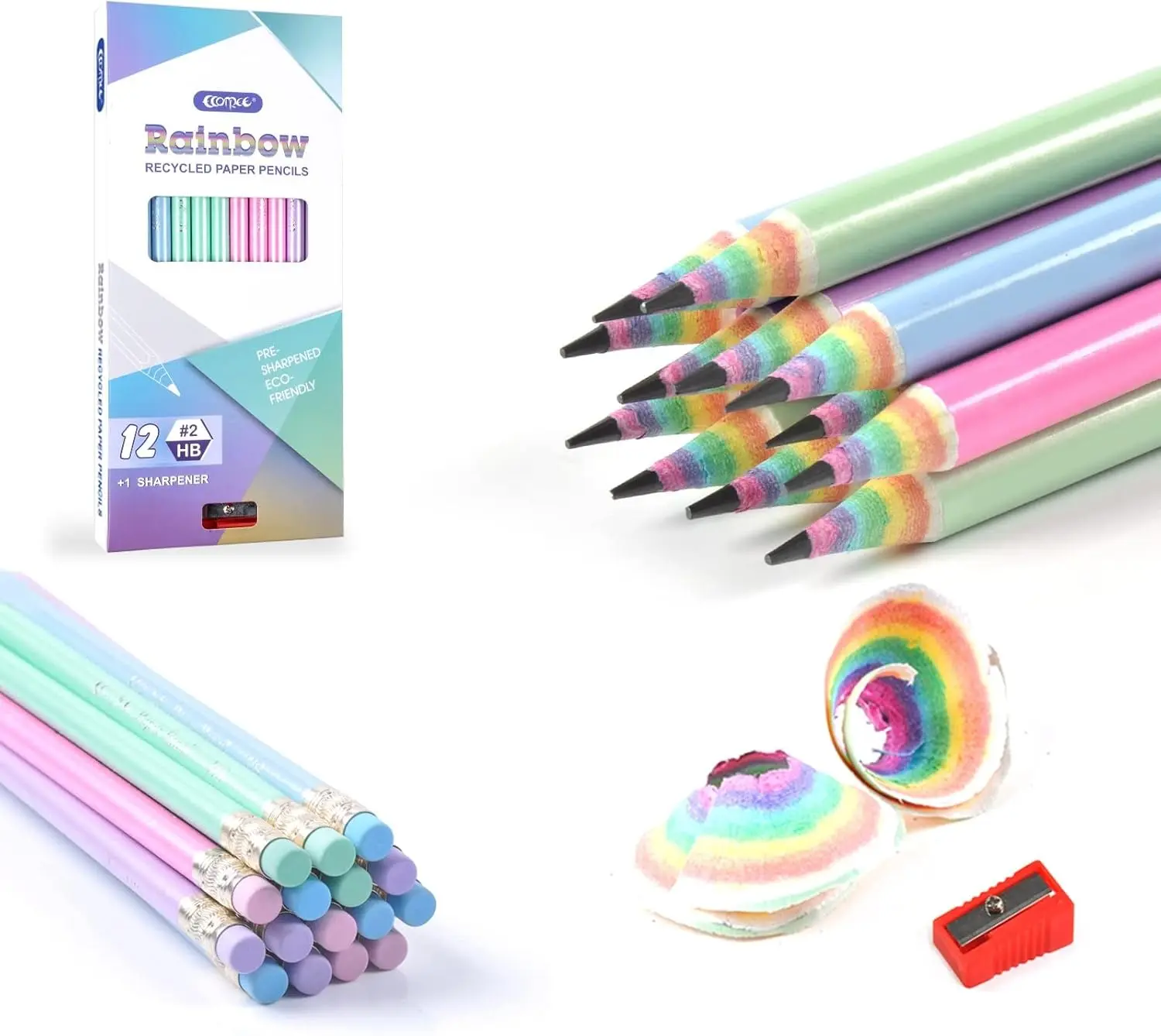 12 Pack Pre-Sharpened Rainbow #2 Pencils - Recycled Paper Cute Number 2 Pencils for Kids & School Supplies