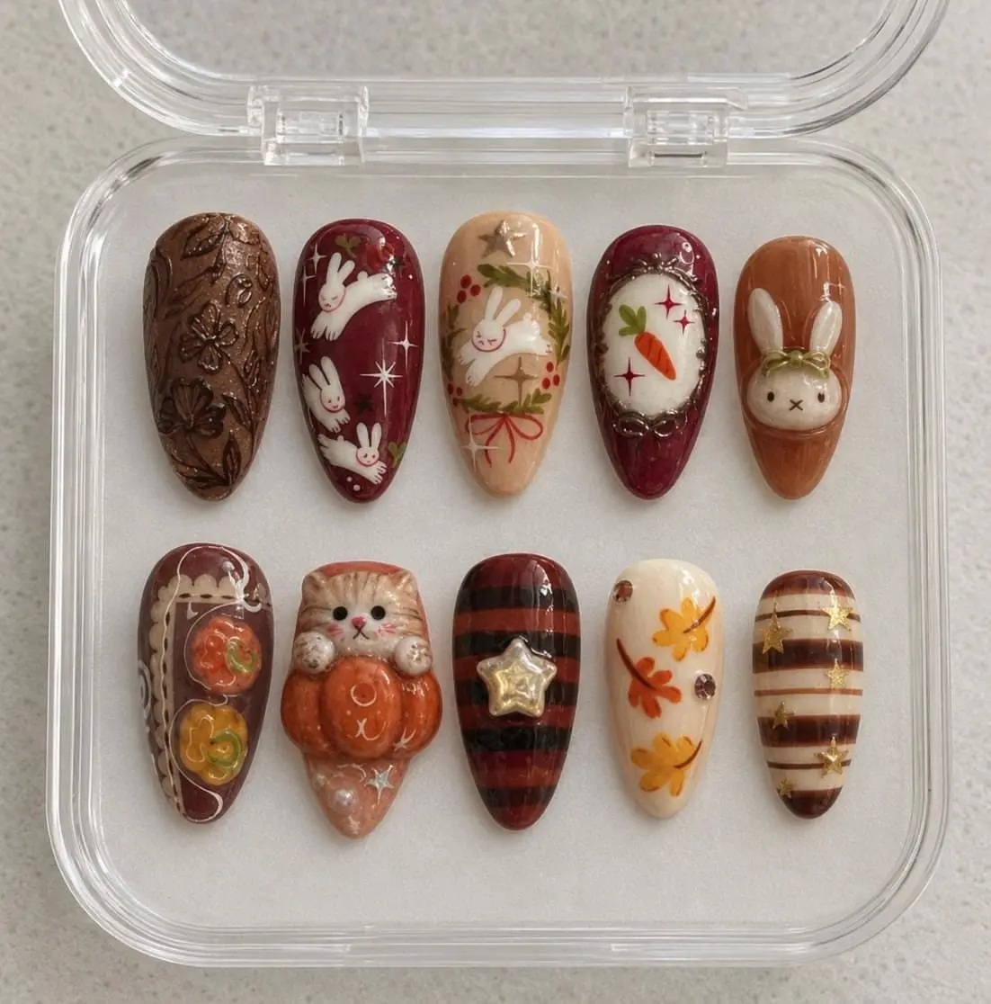 Handcrafted 3D Autumn Rabbit & Cute Cat Press-On Nails, Beauty Nail Art Decoration Accessories