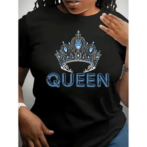 Plus Size Tees for Women Casual Round-neck T-shirt with Queen Crown Daily Outfit