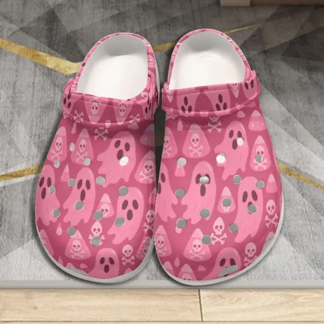 Pink Ghost Womens Spooky Clogs for Halloween Skull Cute Fashion Shoes with Rubber Sole for Comfort and Durability