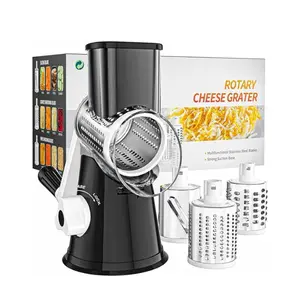 Rotary Cheese Grater Hand Crank with 3 Blades, Manual Cheese Shredder for Cheese, Vegetables and Nuts, Non Slip Suction Base Kitchen Tool