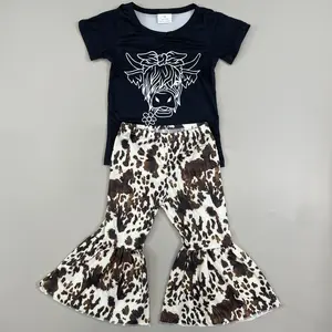 C toddler clothes highland cow outfit bell bottom set clothes sets two-piece set Print Bell Pants Set