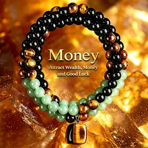 GEMRICH wealth necklace, crafted from natural black agate, natural Dongling jade stone, and natural tiger’s eye pendant, infused with healing crystals; suitable for anniversaries, vacations, and themed parties; a gift that suits both men and women.
