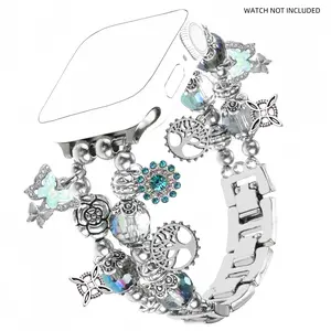 Vintage Beaded Bracelet Compatible with Apple Watch Bands, Watch Straps, Fits 38-49mm Sizes, Boho Style Silver Color Flower Strap for Women