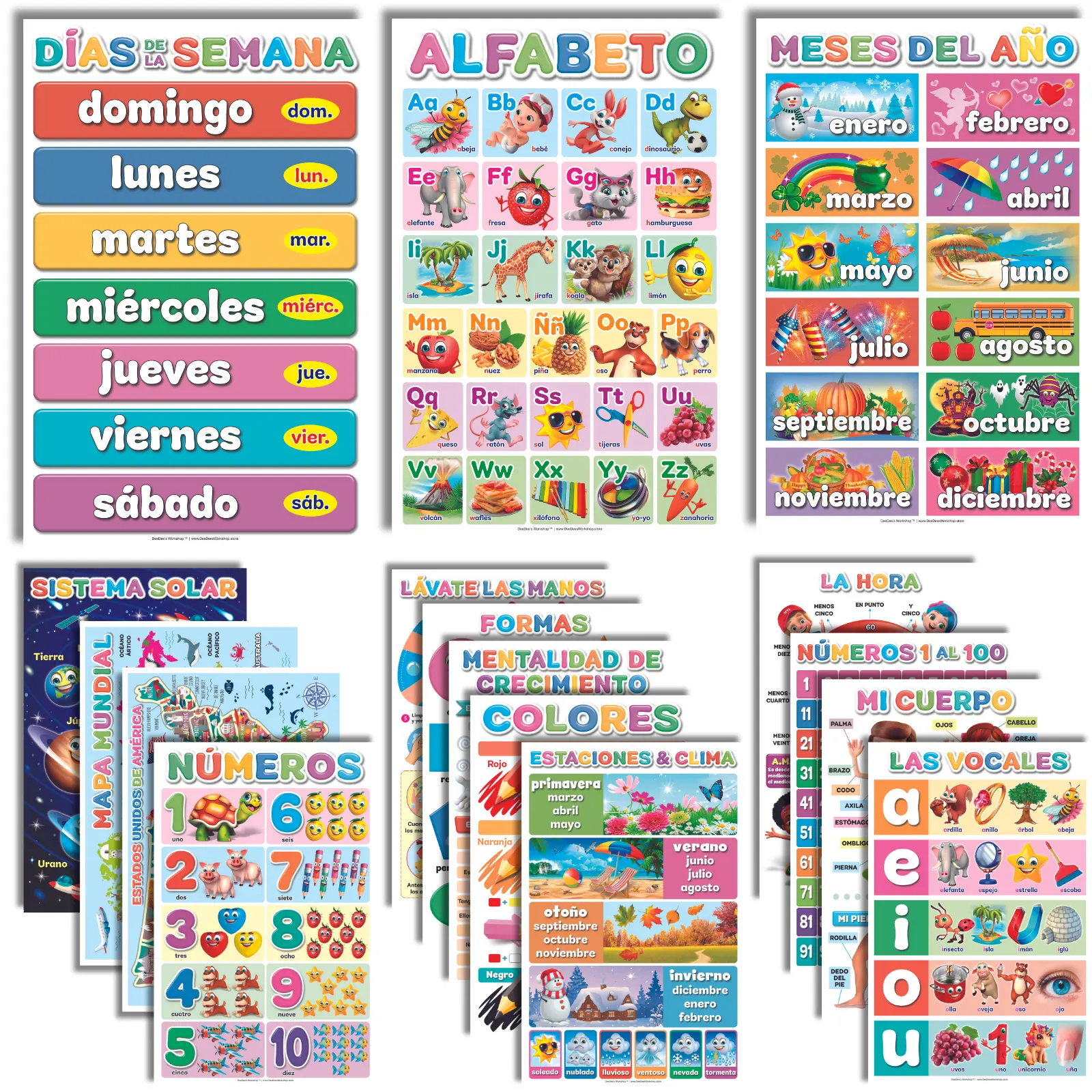 DeeDee's Workshop 16 Laminated Spanish Classroom Posters - Vol.1, Playful Cartoon Teaching Supplies, Days of the Week Calendar, Kids' Classroom Decor Home Wall Art Prints