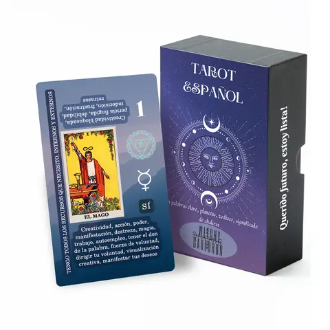 Spanish Edition Learning Tarot card deck for Beginners with meanings on them including Chakras, Planets, Zodiac, Elements, Yes or No
