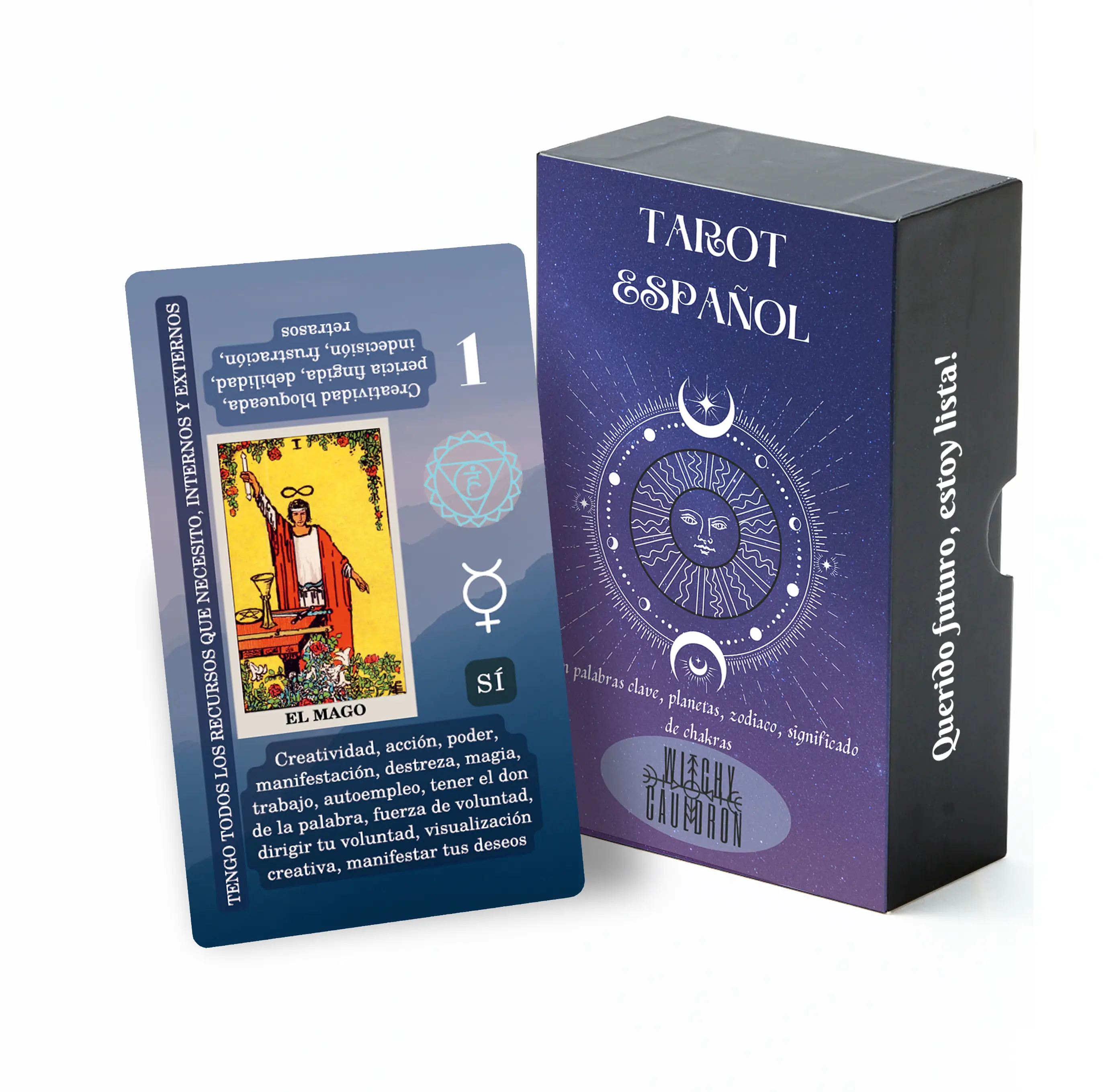 Spanish Edition Learning Tarot card deck for Beginners with meanings on them including Chakras, Planets, Zodiac, Elements, Yes or No